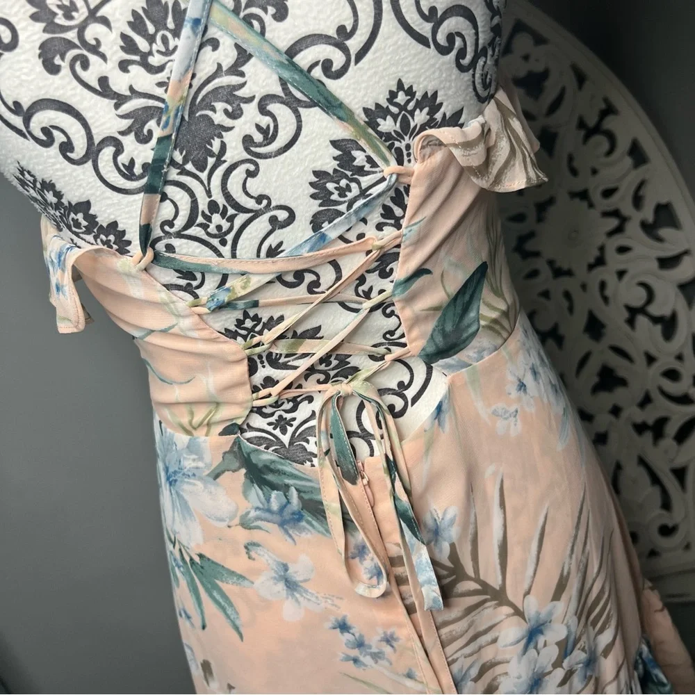 Lulus Sunrise Journey Blush Floral Lace Up Ruffle Mini Dress Size Small - Picture 14 of 16